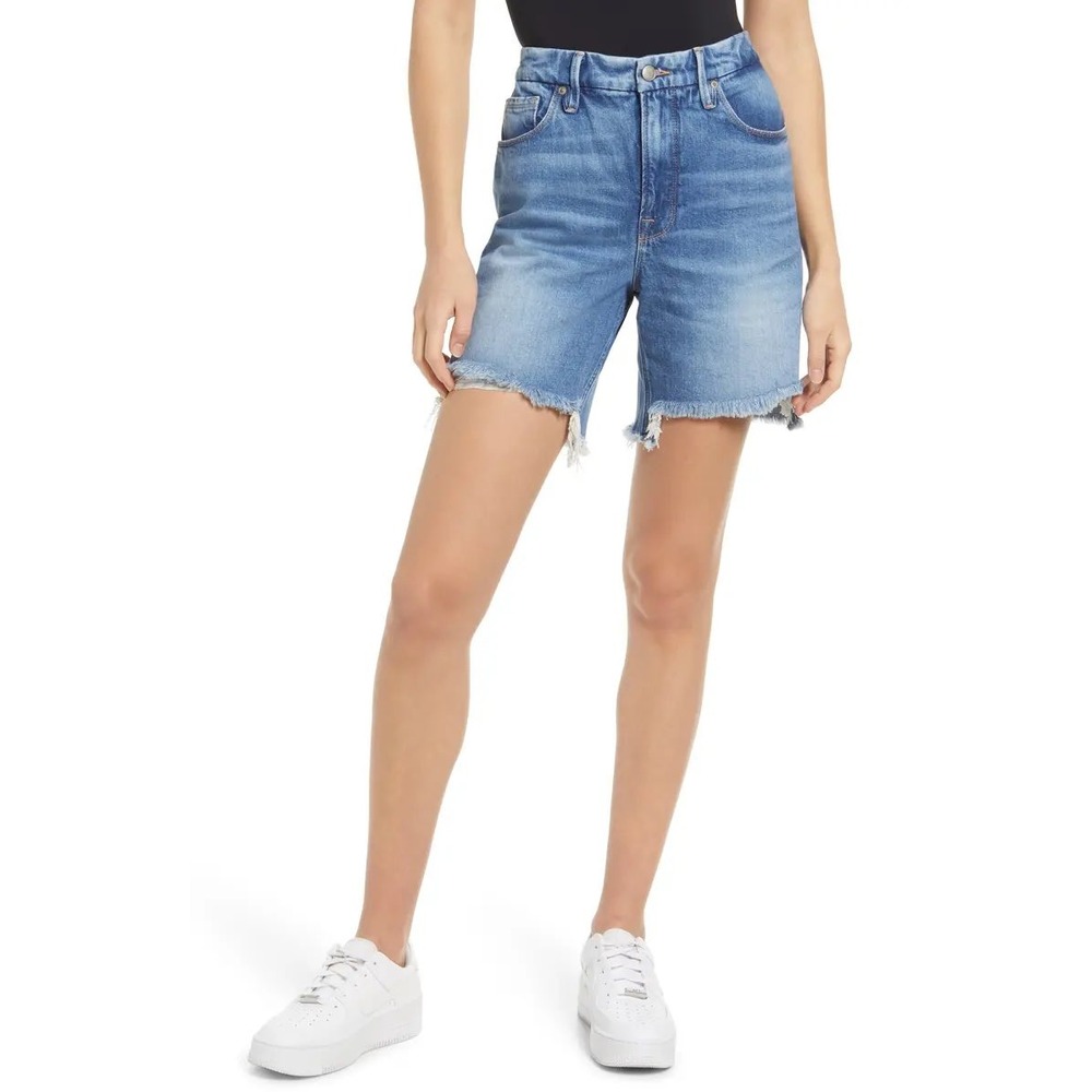 Good‎ American High Rise Bermuda Denim Shorts Blue Raw Hem Size 4/27
